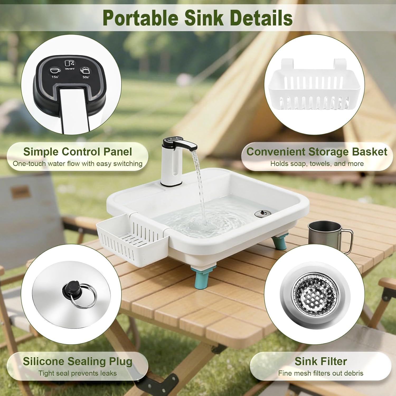 Portable Sink, Outdoor Wash Station with Electronic Faucet And Extension legs, Camping Sink for Rvs, Picnics, Outdoor Activities, and Bathrooms, Lightweight And Portable, One-Touch Water Dispensing