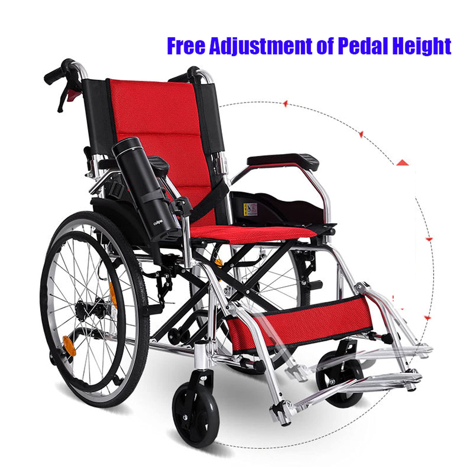 Silla de ruedas manual ligera con pedal plegable retráctil y frenos auxiliares para adultos, diseño portátil de aluminio para recuperación postoperatoria