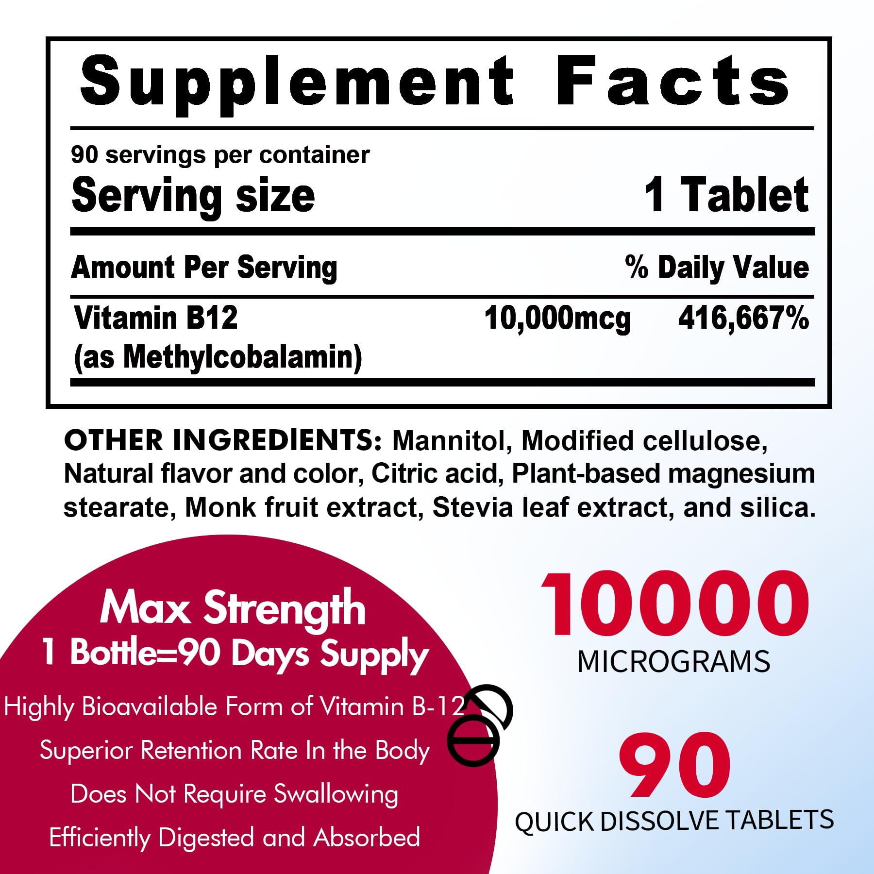 Vitamin B12 10,000 mcg Sublingual, Methylcobalamin, Sugar Free,180 Servings — Amazon image 2