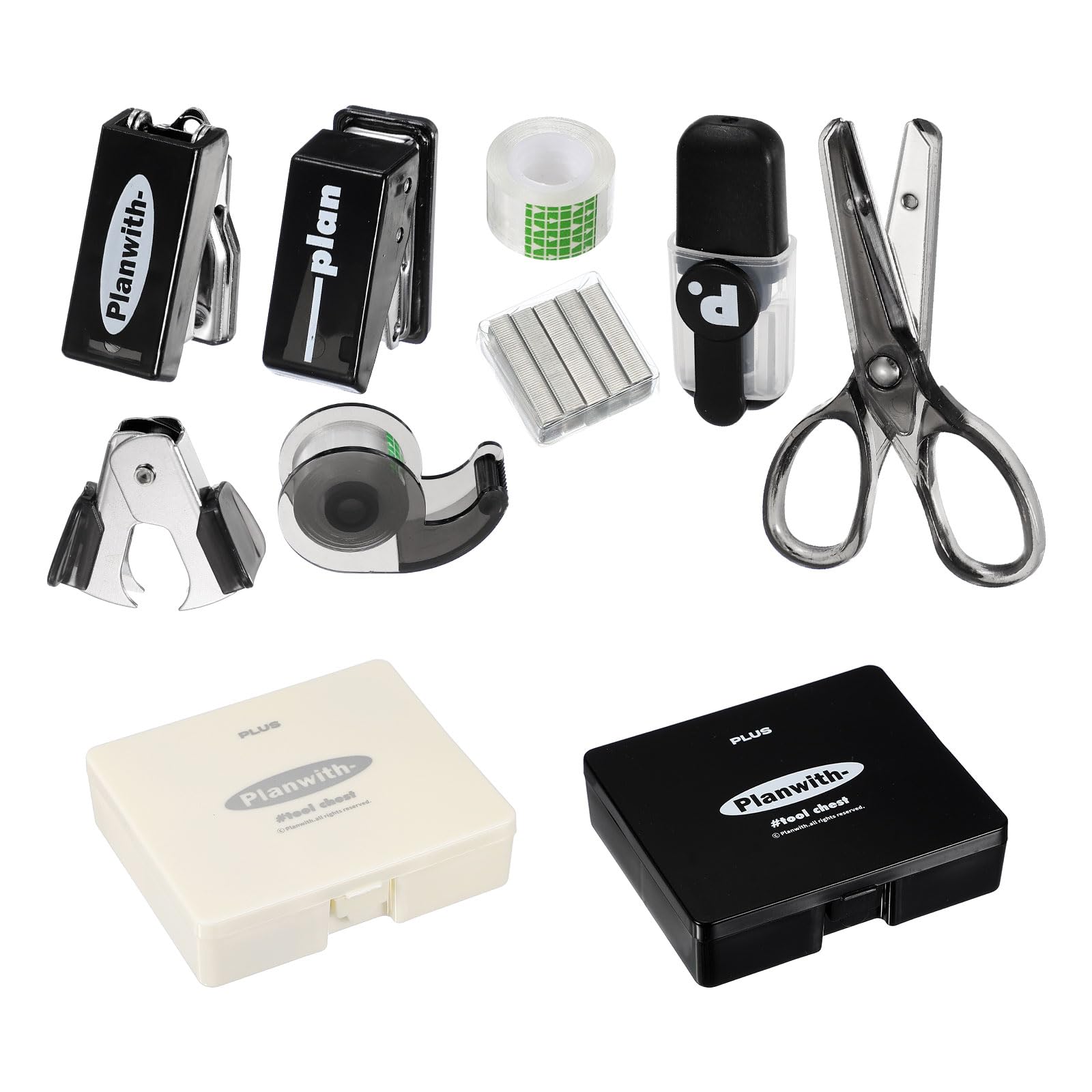 PATIKIL 2 Pack Office Supplies Set, 8pcs Desk Supplies Set Stapler Tape Dispenser Scissors Accessories Kit Mini Office Supply Kit Cute Small for Desk Women Organizer, Black White