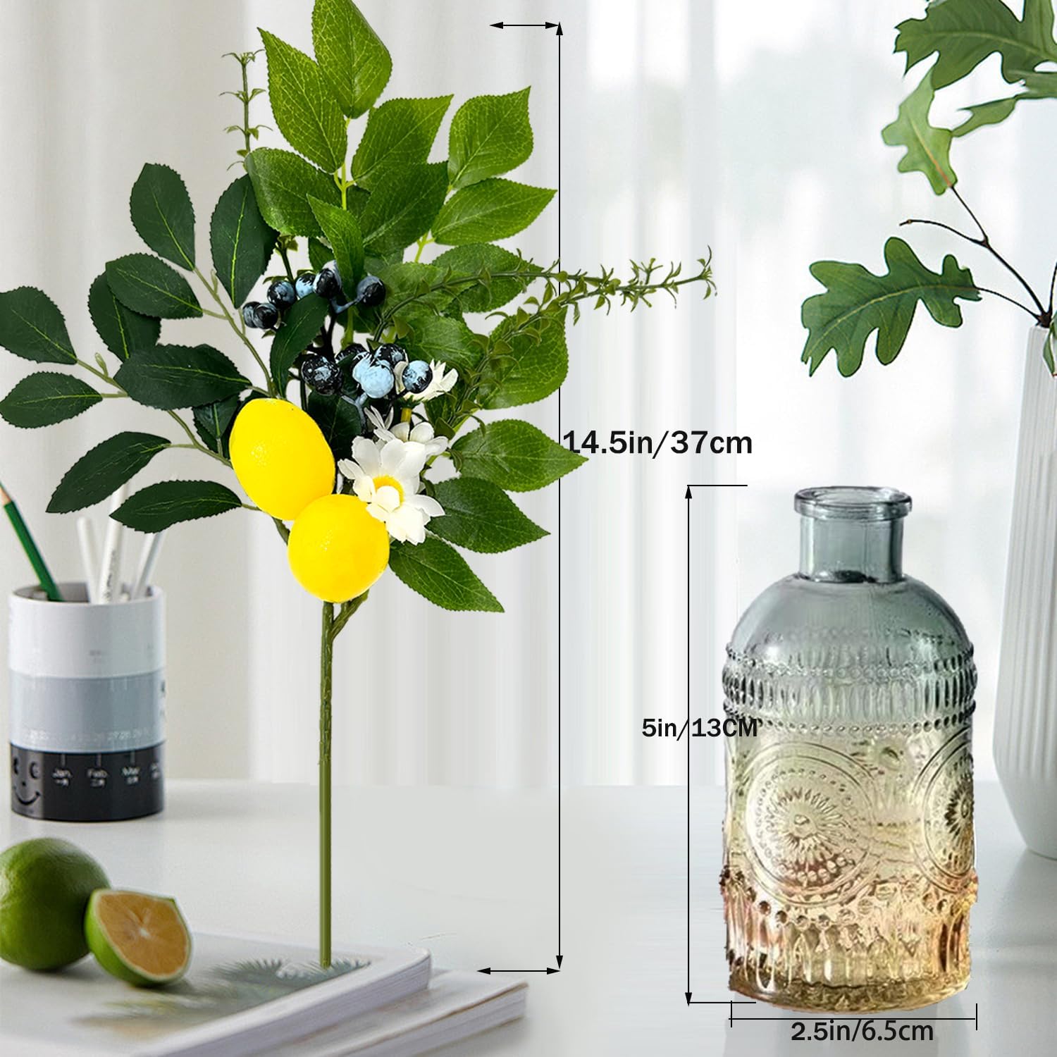 4PC Artificial Lemon Blueberry Branches with Vase for Home Decor Vivid Fake Lemon Twig Stem Bunch in Vase Summer Farmhouse Decor for Dining Table Centerpieces Office Coffee（Lemon）