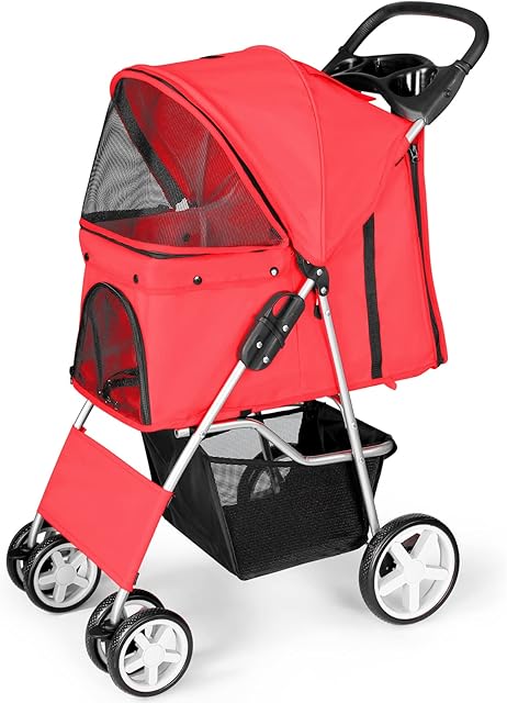 Display4top Pet Travel Stroller Dog Cat Pushchair Pram Jogger Buggy with 4 Wheels (Red)