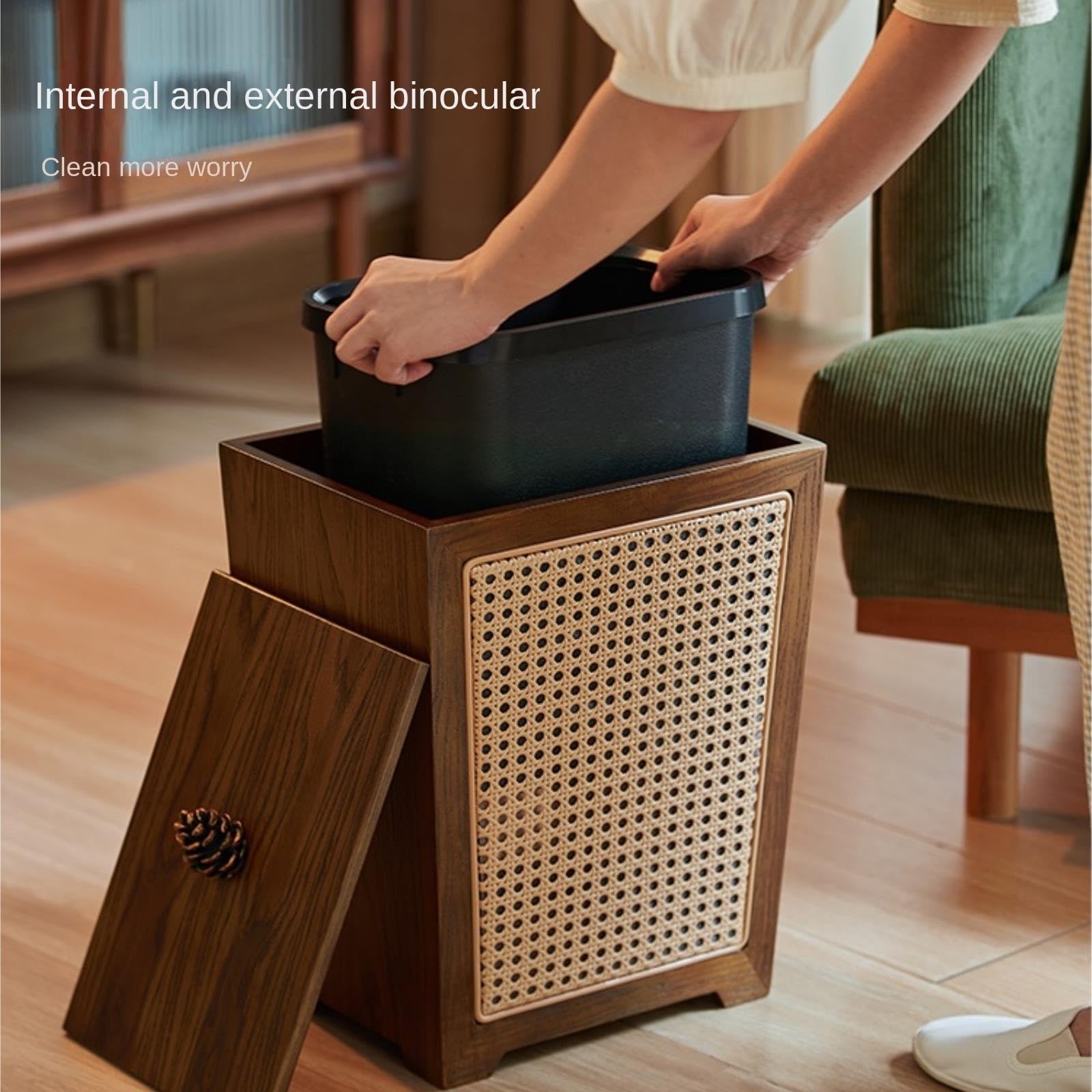 Cubo De La Basura Casa Cubo De Basura con Tapa Madera Ratán For Baño O Dormitorio, Cesta Grande For Papelera Reciclaje