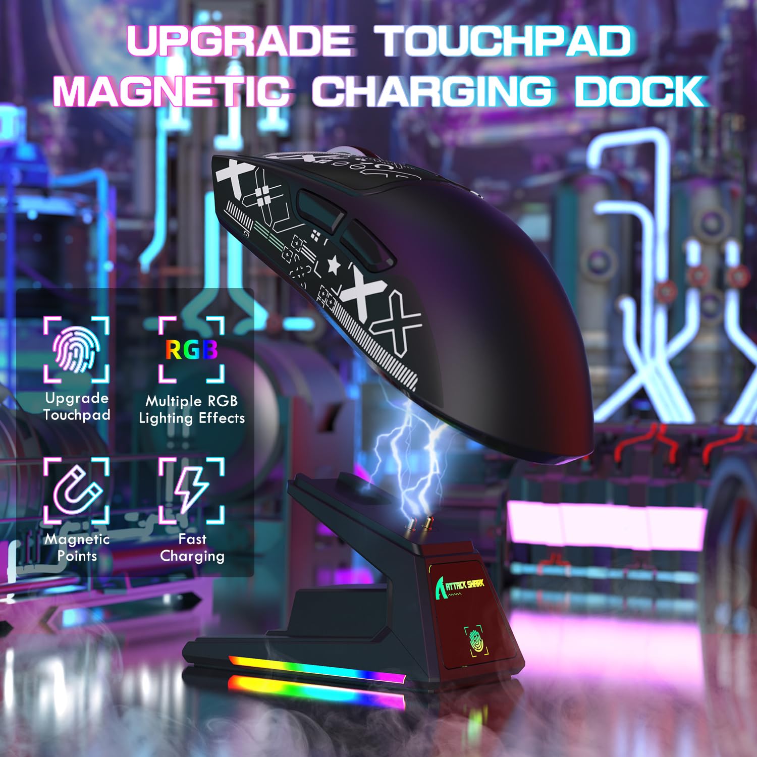 ATTACK SHARK X1 Souris Gaming avec Station de Charge Magnétique, Capteur PixArt PAW3395PRO, 40000DPI, Ultra-légère 49g, Bluetooth/2,4GHz sans Fil/Filaire, Microswitches 100M pour PC/Xbox/Mac - Noir