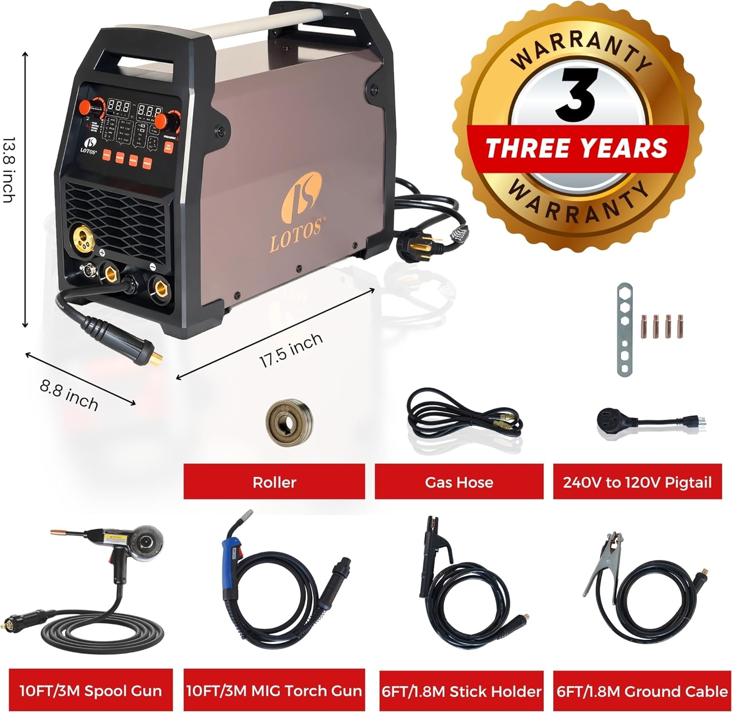 MIG180SP 6-in-1 180A MIG Welder with Spool Gun for Aluminum Welding, Gas/Flux-Core MIG, Lift TIG, Stick, Spot, Auto Synergic Voltage Fine-Tune, 120/240V Dual-Voltage, LED Display