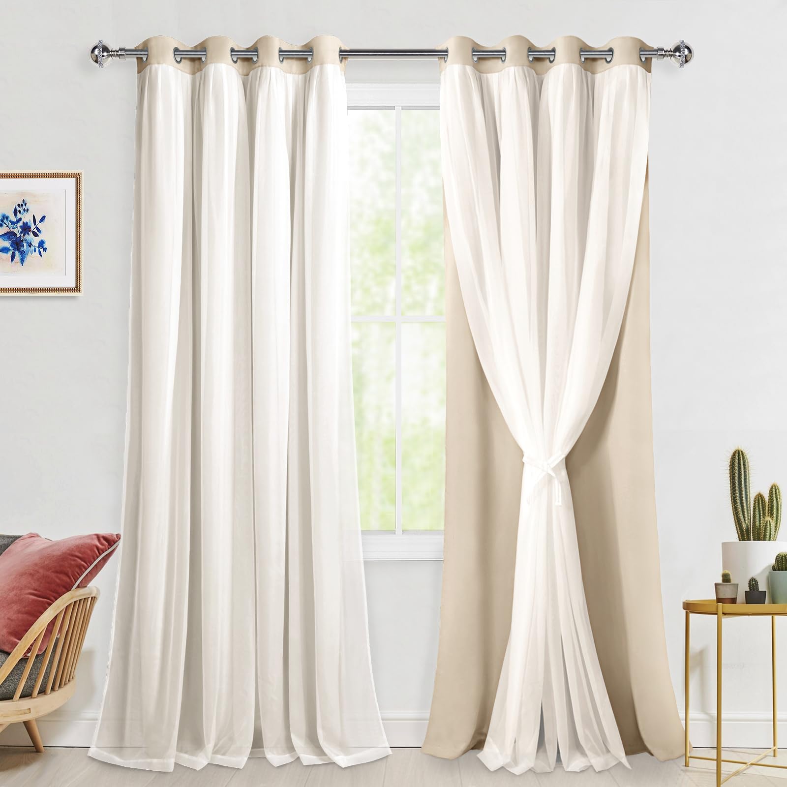 Hiasan Mix & Match Blackout Curtains with Sheer Overlay, Double Layer Thermal Insulated Privacy Grommet Window Curtains for Bedroom, Living Room, 2 Drape Panels with Tiebacks, Beige, 52W X 108L