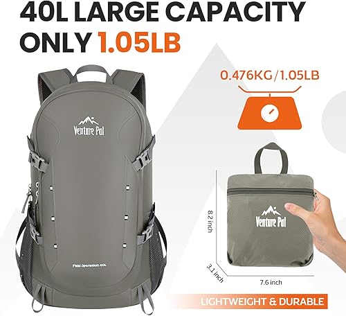 Miniatura 19 de Venture Pal - Mochila de 40 L, ligera y plegable, para senderismo y viajes A5-negro
