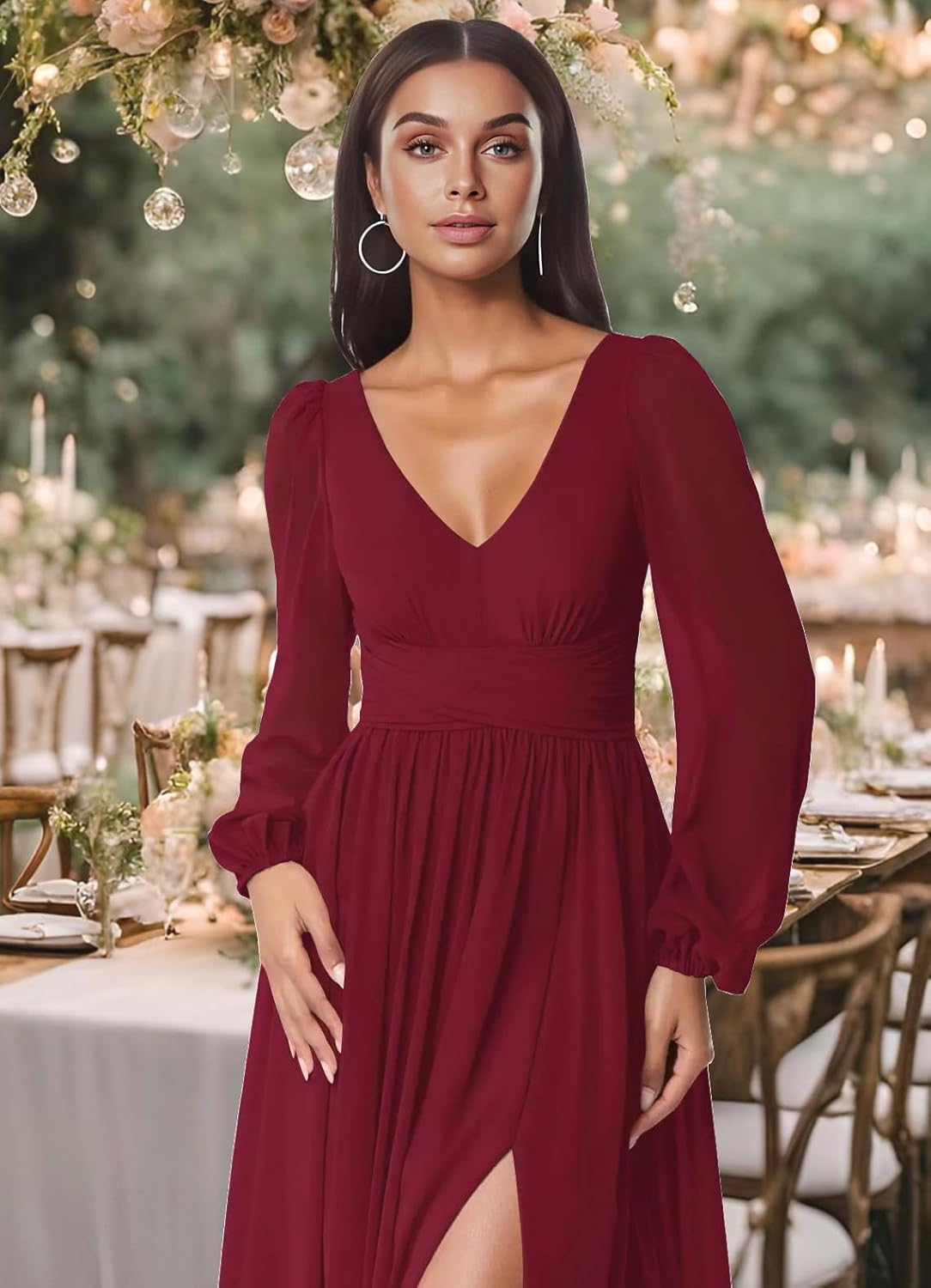 firfig Women Mesh Deep V Neck Open Back Sheer Long Sleeve Slit Leg Bridesmaid Maxi Dress Cocktail Party Wedding Guest Dresses - Image 5