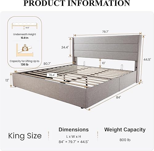 Miniatura 2 de SHA CERLIN King Size Lift Up Storage Bed/Modern Wingback Headboard/Upholstered Platform Bed Frame/Hydraulic Storage/No Box Spring Needed/Wood Slats