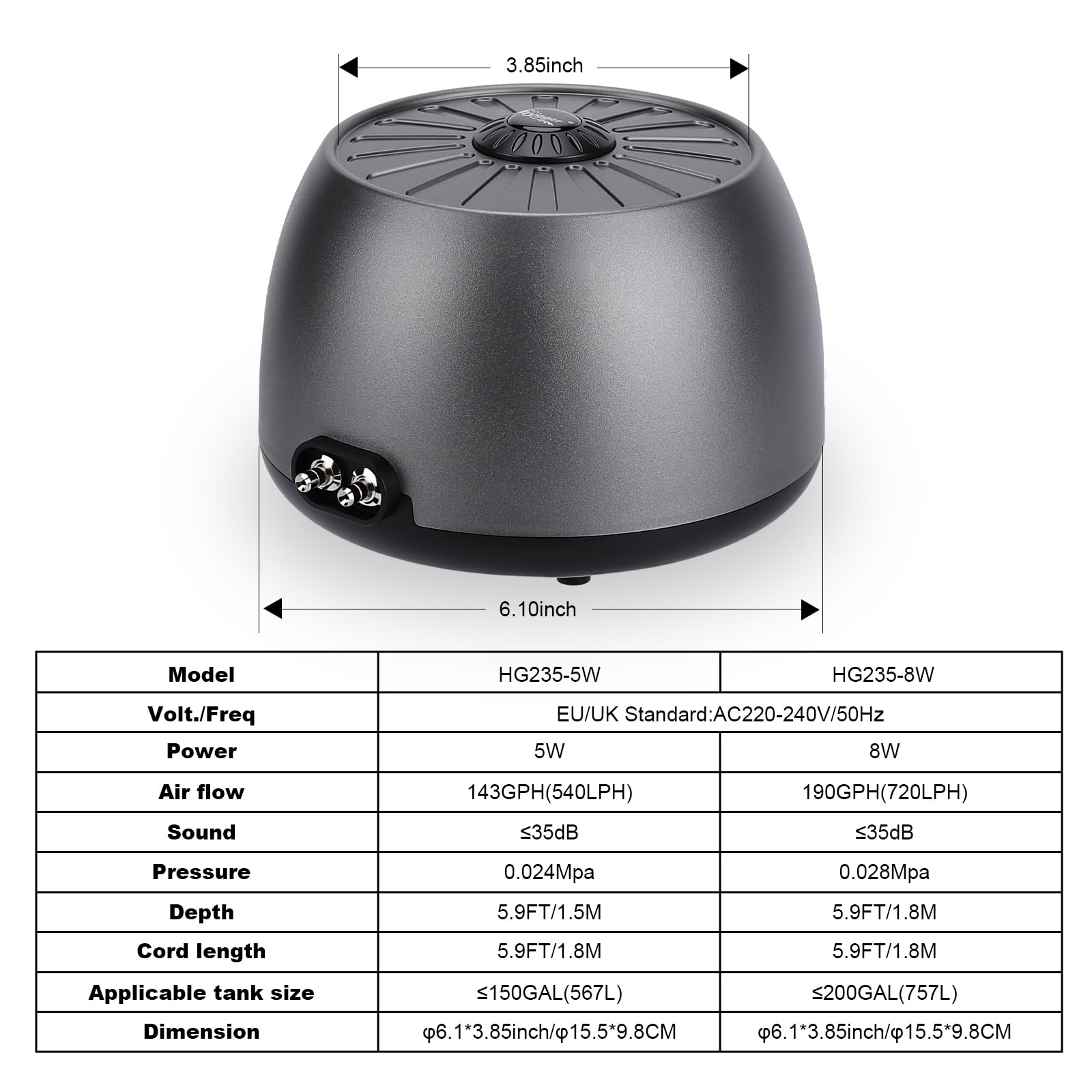 hygger Ossigenatore per Acquario <35 dB Regolabile Pompa di Ossigeno Silenziosa,Aeratore per Acquari con Pietra Porosa Accessori per Serbatoi