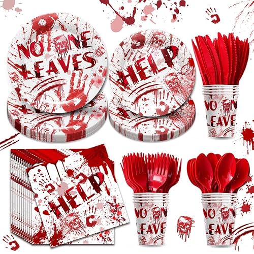 168Pcs Bloody Horror Party Supplies, Halloween Bloody Party Plates, Cups And Napkins, Cutlery Set, Suitable For Halloween & Horror movie Birthday Decorations, Spooky Summerween Decor