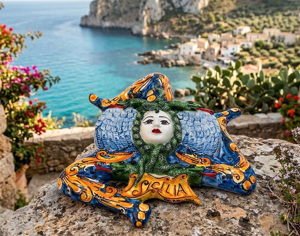 Generico Trinacria da parete siciliana in ceramica di Caltagirone realizzata e decorata a mano 18 cm e 25 cm (Blu 25 cm)