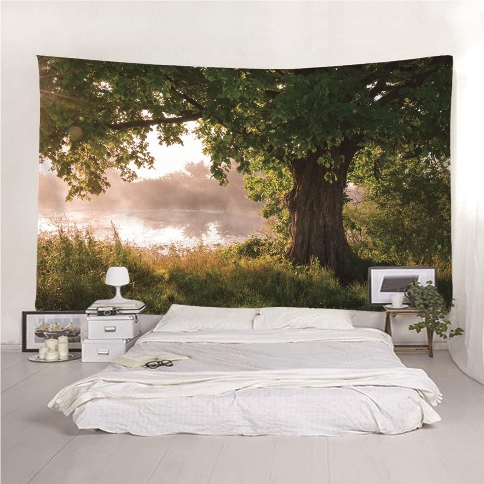 Tapestry Weaving - Arazzo da parete naturale, paesaggio, lago, albero e lago, in microfibra, 200 x 200 cm (larghezza x altezza)