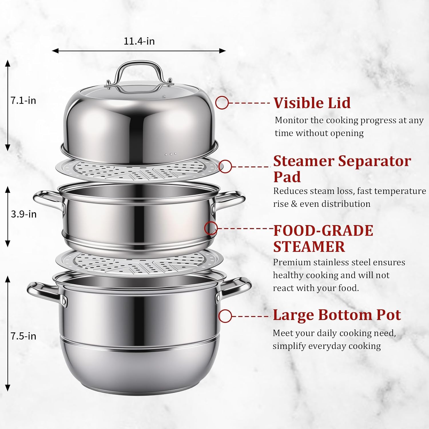 2-Tier Stainless Steel Induction Steamer Pot (30cm/11.8Inch) - Large Food Steamer for Dumplings, Buns & Dim Sum - Dishwasher Safe with Even Heat Distribution