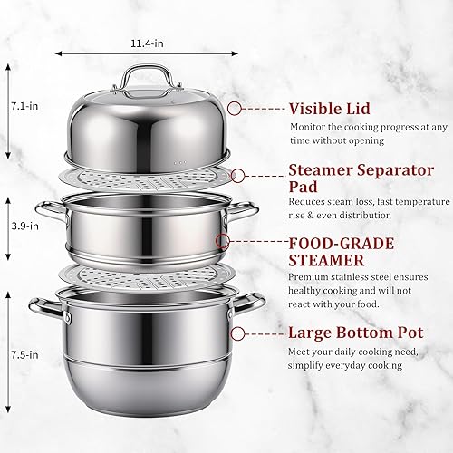Miniatura 2 de Juego de vaporizador de acero inoxidable de 3 niveles Lake Tian con tapa de vidrio, funciona con gas, estufa de parrilla, apto para lavavajillas