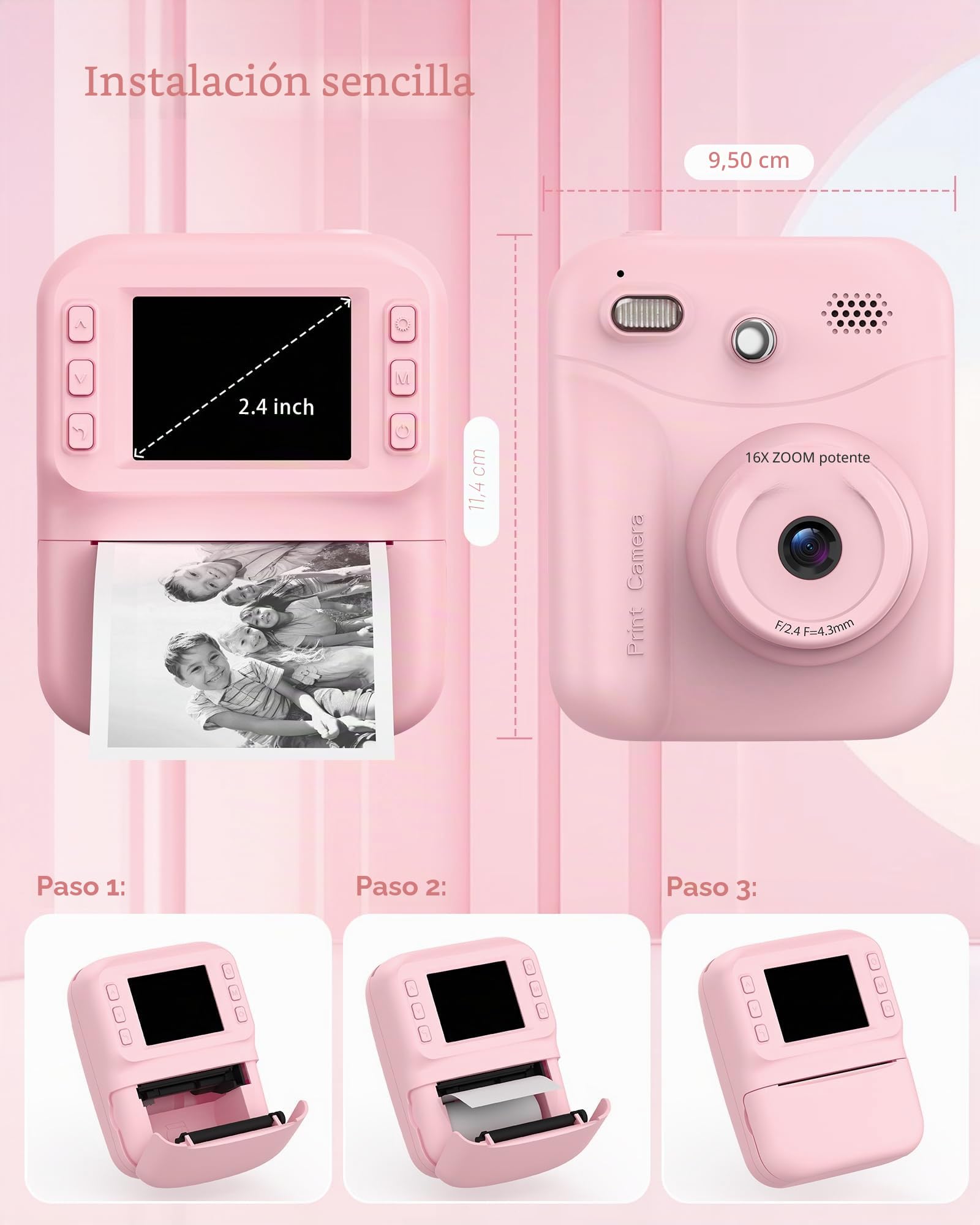 Camara de Fotos Instantaneas, Pantalla HD de 2.4 Pulgadas, Resolución de 48 MP, Vídeo HD 1080p, Incluye 32 GB Tarjeta y 3 Rollos de Papel Fotográfico, Ideal para Niños de 3 a 12 Años (Rosa)