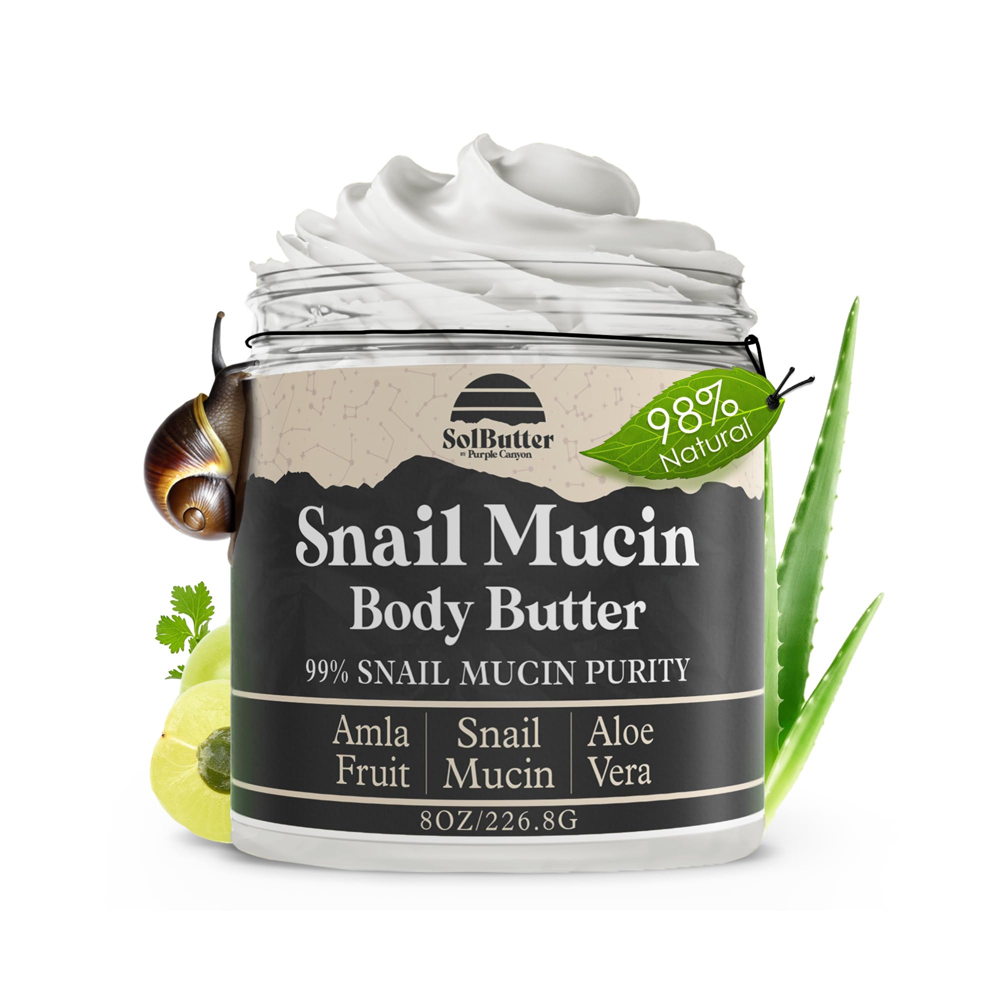 PURPLE CANYON 99% Snail Mucin Body Butter 8oz | Reduce Blemishes, Dark Spots, and Wrinkles for Radiant Skin | Skin Care Snail Cream Moisturizer Dry
