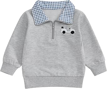 Toddler Baby Boy Golf Outfit Long Sleeve Hole In One Embroidery Polo Sweatshirt Plaid Lapel Quarter Zip Pullover Top