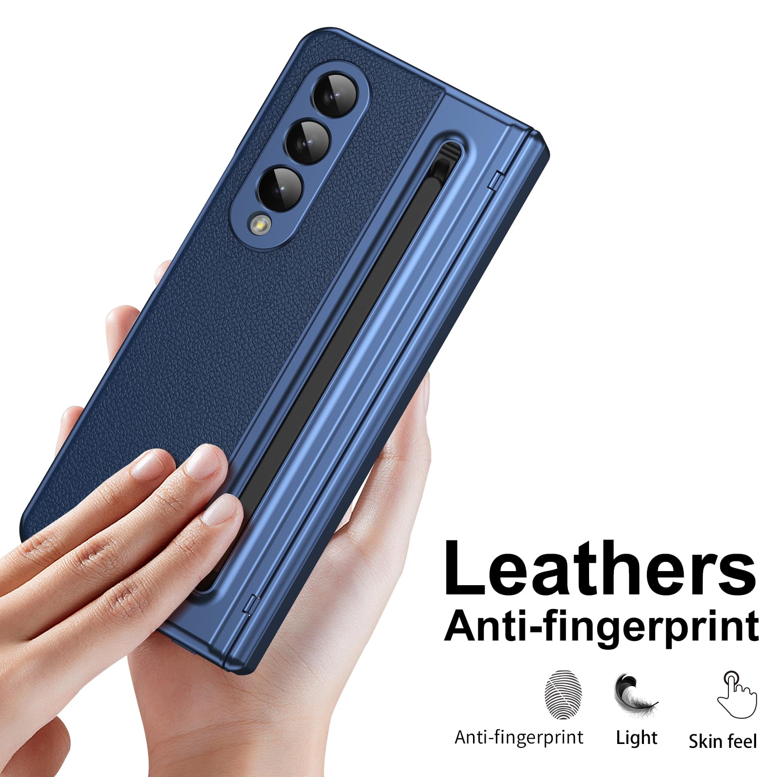 per Galaxy Z Fold4 Custodia con Penna e Slot per Penna, Pellicola Protettiva in Vetro Temperato + Protezione Cerniera Cover in Pelle per Samsung Galaxy Z Fold4-Blu