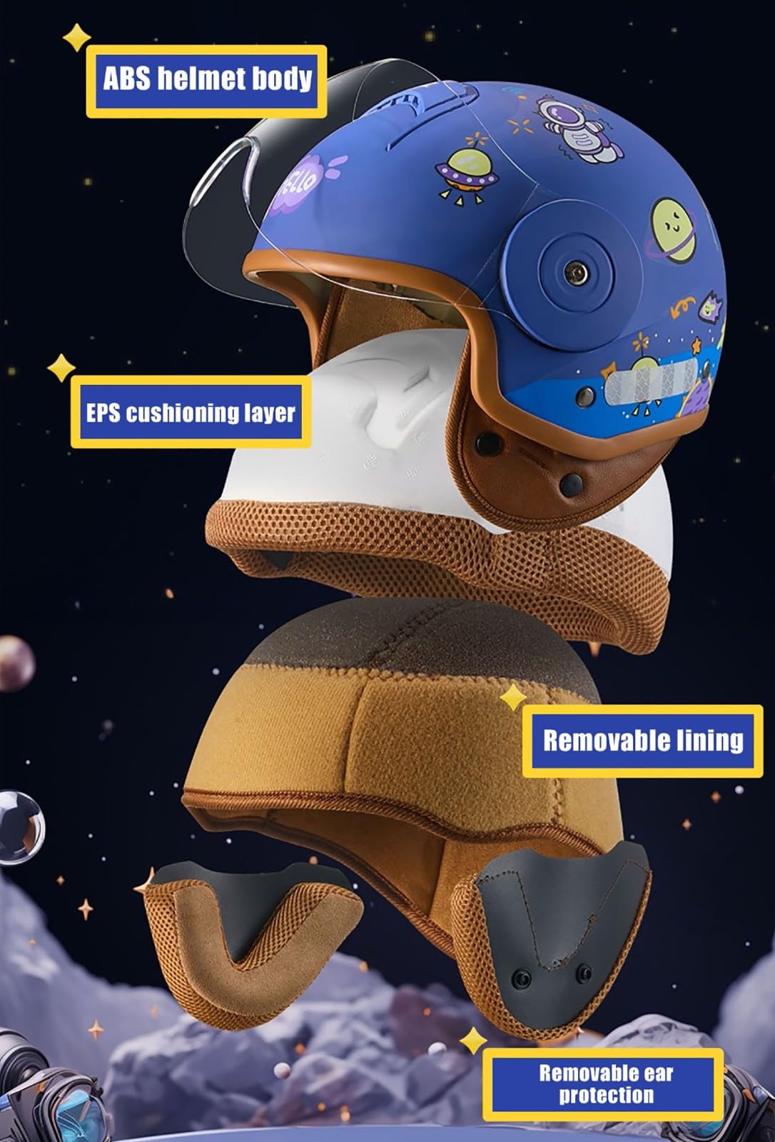 Casco de moto abierto para niños y niñas de 6 a 12 años. Casco tipo jet ajustable con visera solar. 5,46-54cm