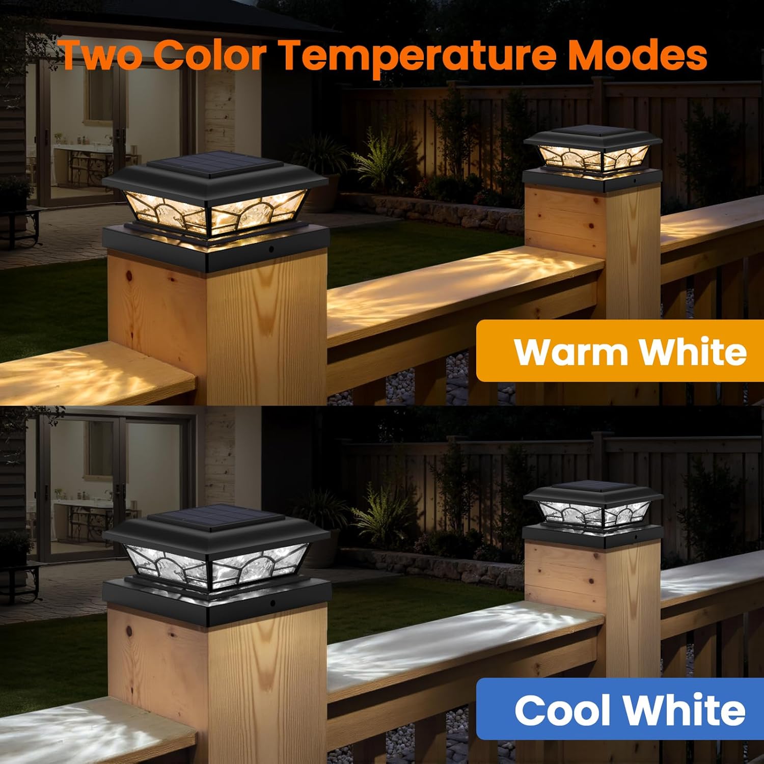Brightever 4x4 3.5x3.5 Solar Post Cap Lights, 4-Pack Solar Powered Fence Post Light Outdoor Waterproof for Vinyl/Wooden Post, 2 Modes(Warm/Cool Light), Black Solar Deck Post Lights for Patio, Porch