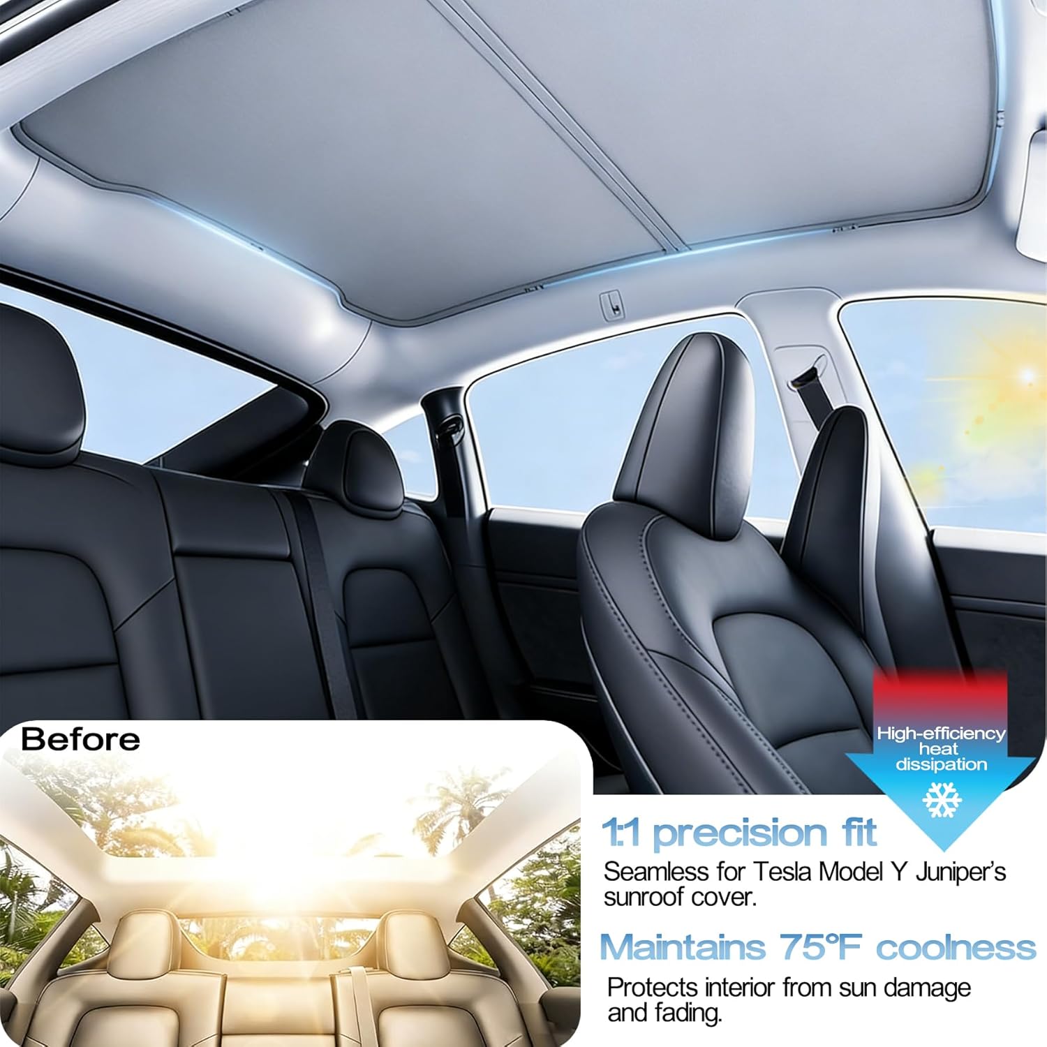 For Tesla Model Y Juniper 2025 2026 Sunshade Roof, Nano Ice-Crystal [Never Sag, Split-Frame] Glass Roof Sun Shade, Accessories for Tesla New Model Y Juniper, Interior White, 2 PCS