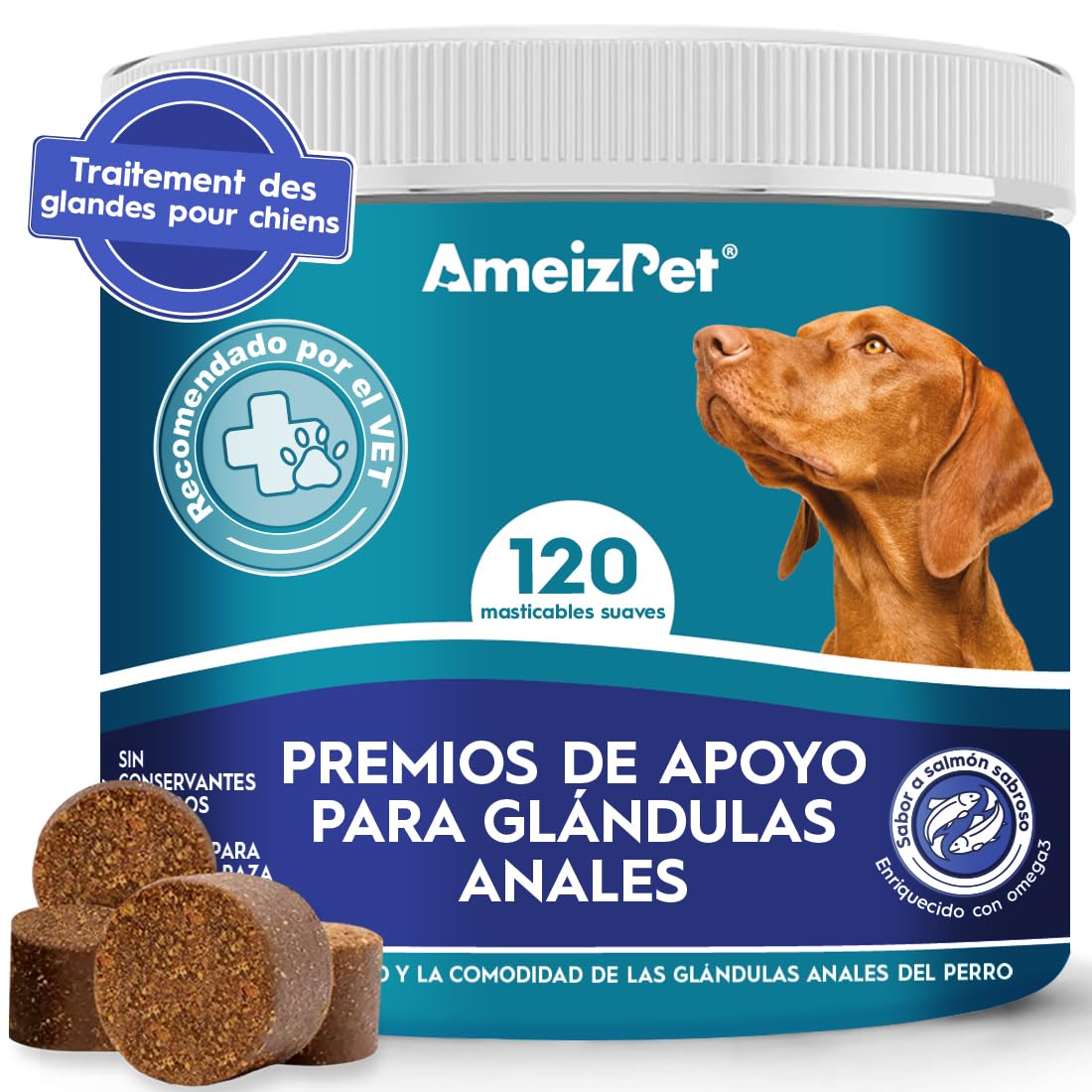 AmeizPet Tratamiento De Glándulas Anales para Perro, Golosinas Funcionales De Fibra Digestiva Perros Glándulas Masticables Saludables, 120 Chuches para Perros