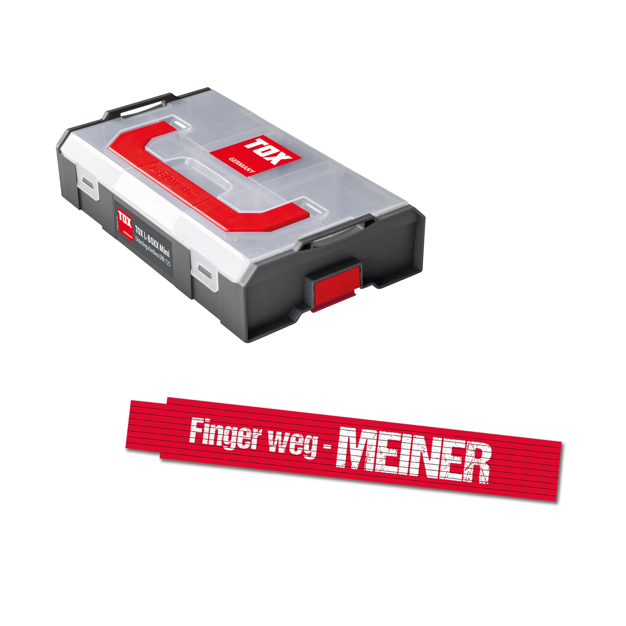 TOX L-BOXX Mini Unterlegscheiben-Set DIN 125 (900-tlg.) + Meterstab 2m in Rot mit Aufdruck, U-Scheiben in 6 gängigen Größen in anpassbarer und verklickbarer Sortierbox, 094909162