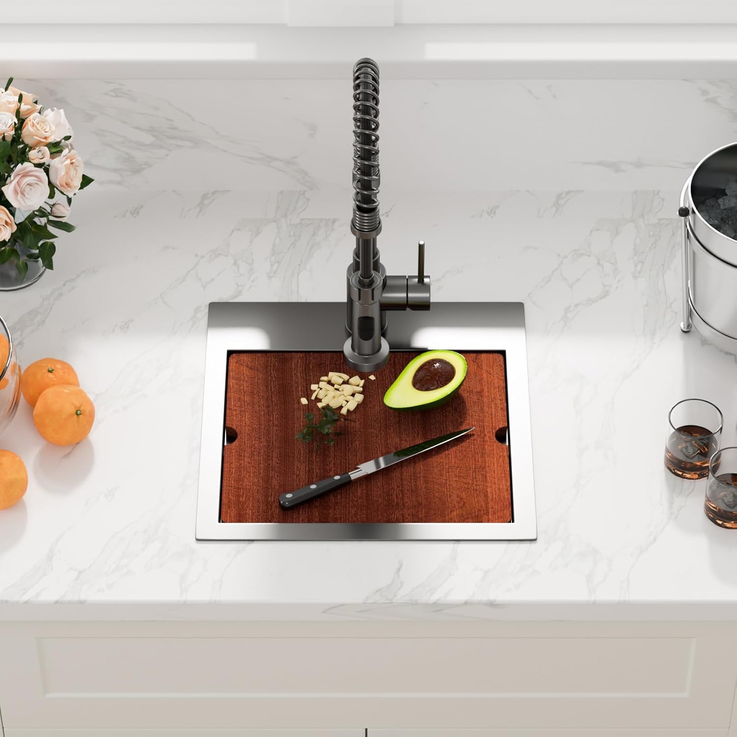 Sarlai Drop Bar Sink -15 Inch Black Outdoor Kitchen Sink Gunmetal Black Drop In Workstation 15 x 15 Topmount Stainless Steel 16 Gauge Single Bowl Kitchen Bar Prep RV Outdoor Sinks Basin