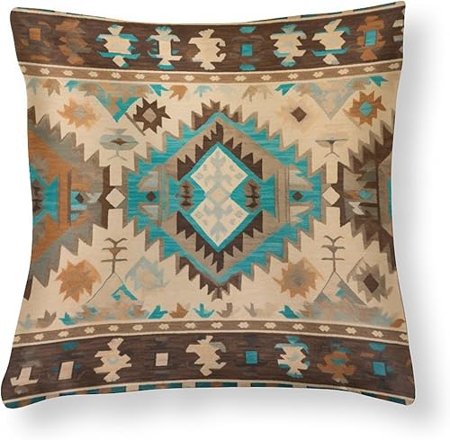 East Caucasus - Fundas de almohada cuadradas de satén marrón beige y verde azulado tradicional mexicano a rayas del suroeste, funda de cojín