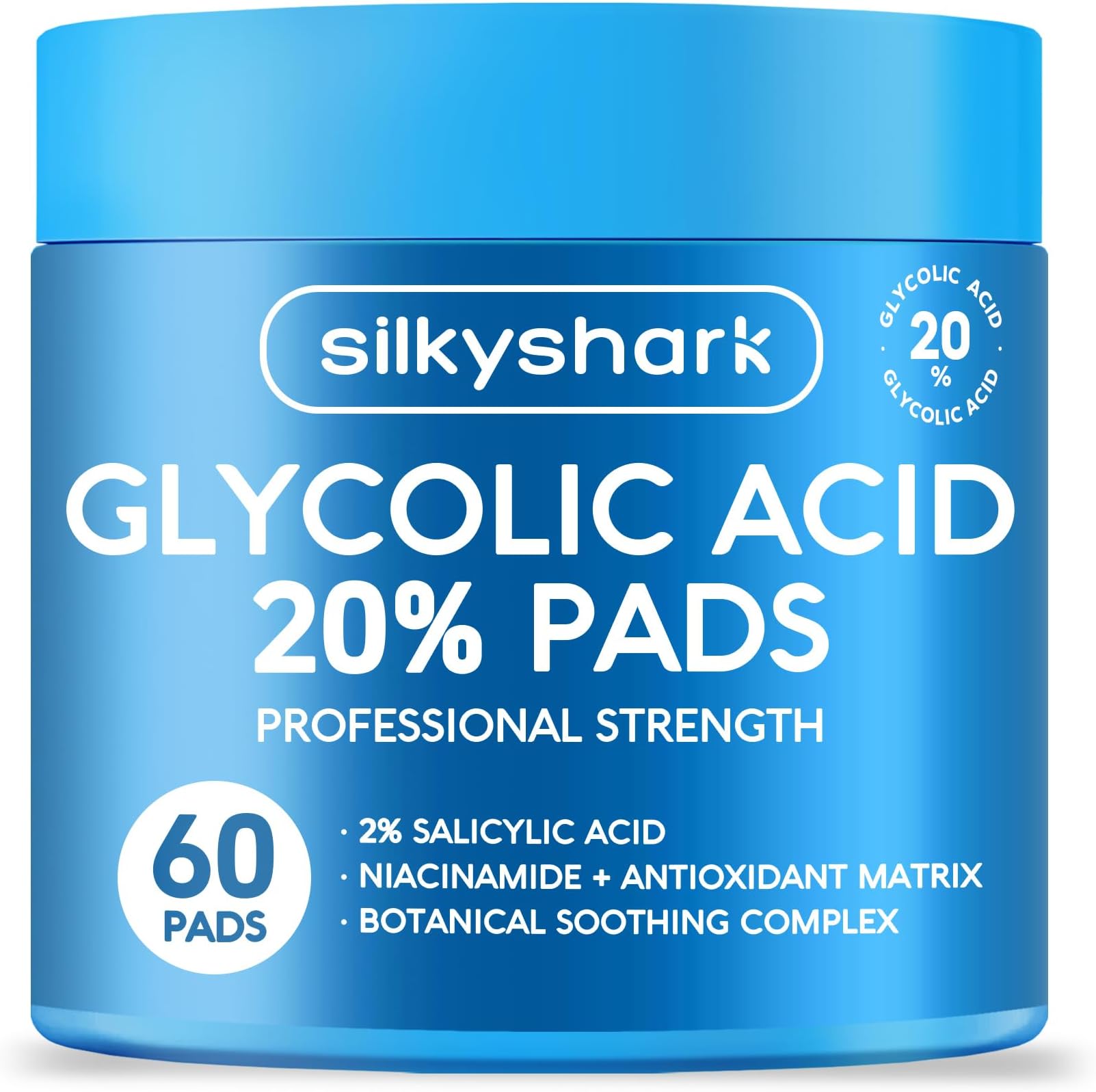 SilkyShark Glycolic Acid 20% Resurfacing Pads (60 Count), 20% Ultra Pure Glycolic Acid + 2% Salicylic Acid, Exfoliating Peel Pads for Face & Body, Effective Chemical with Vitamin B&C&E
