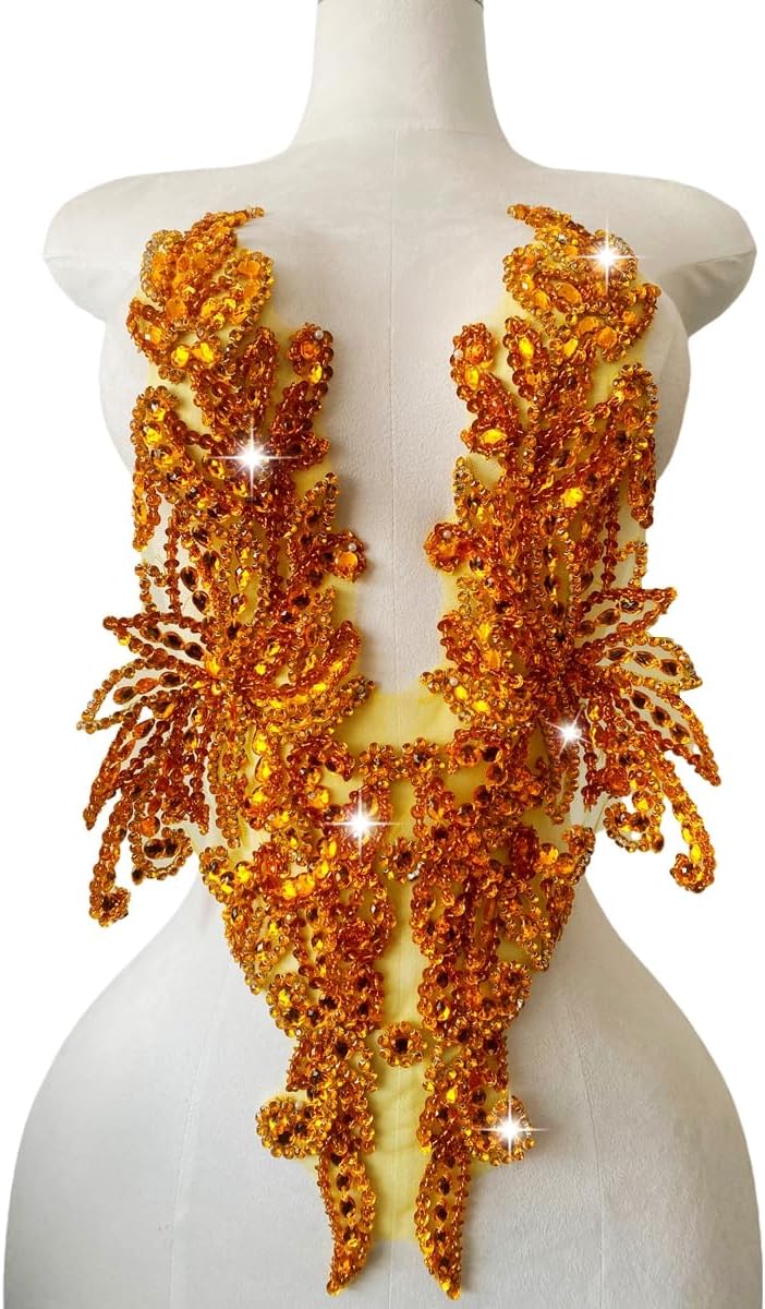 Handmade Rhinestones lace Applique sew on Beads Sequins Trim Patches Accessories for Girl Dress Clothing (Gold)