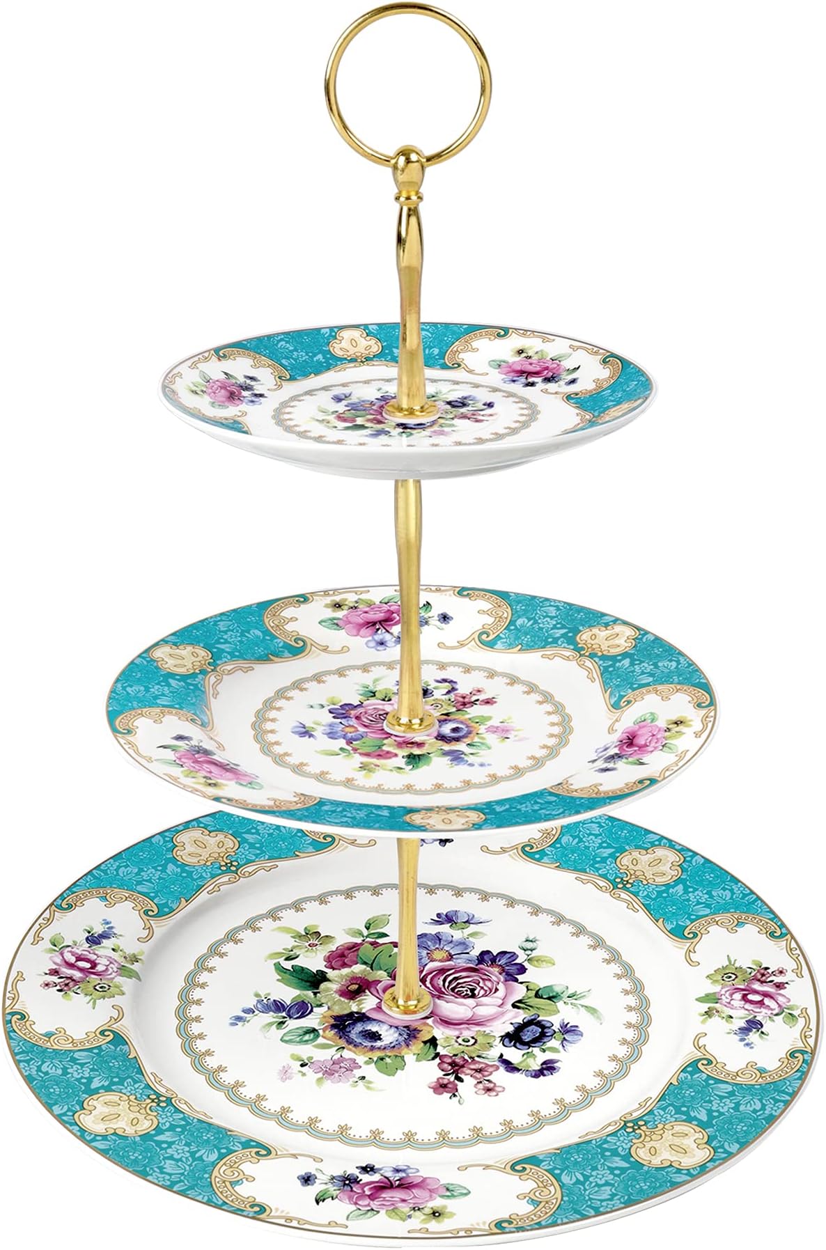 fanquare 3 Tier European Ceramic Cake Stands, Blue, Afternoon Tea Cupcake Stands, Dessert Display Tower for Anniversary Birthday Party Wedding