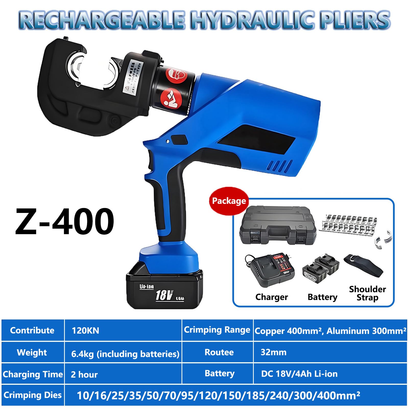 Herramienta Eléctrica Hidráulica para Crimpar Terminales de Cable con 2 Baterías de Litio y Matrices, Crimpadora y Pelacables Hidráulica Recargable para Terminales de Cobre/Aluminio EZ-400