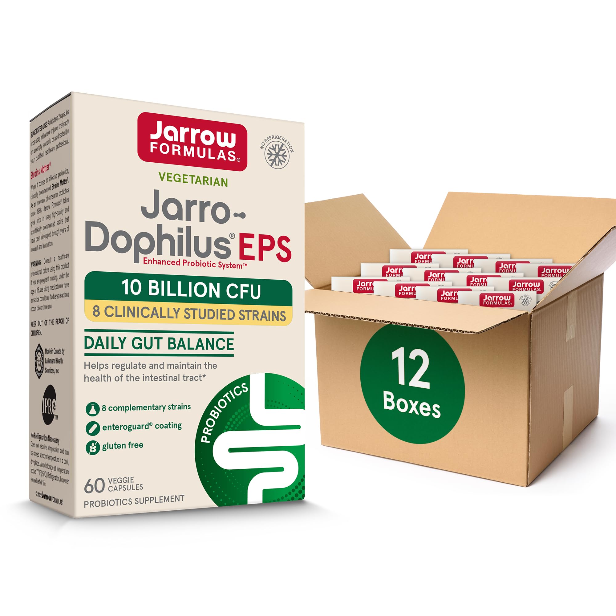 Jarrow Formulas Jarro-Dophilus EPS Probiotics 10 Billion CFU, Dietary Supplement for Intestinal Tract Support, Gut Health Supplements for Women and Men, 60 Veggie Capsules, 30 Day Supply(PACK OF 12)