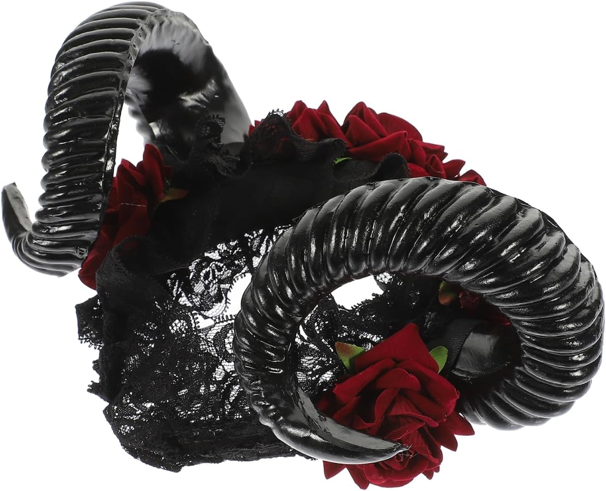 Lurrose Rose Horn Headband Gothic Sheep Horn Lace Headband Devil Cosplay Headpiece Dress up Supplies for Party