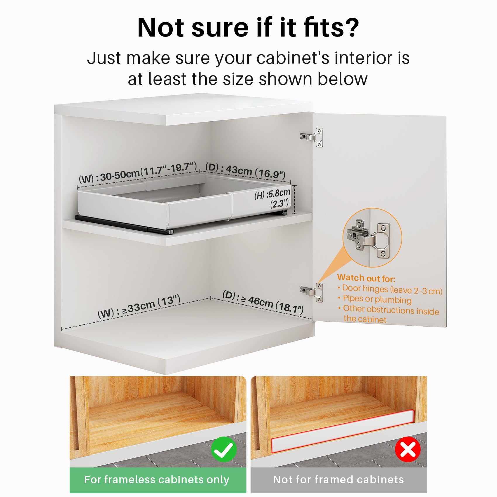 SAYZH Cajón Telescópico, Ampliable Cajón Deslizante Para Alacena,Cajones Extraíbles para Armario de Cocina, Organizador de Gabinete Extraíble Ancho Ajustable, 43 cm (Prof.) x 30-50 cm (Anch.), Blanco