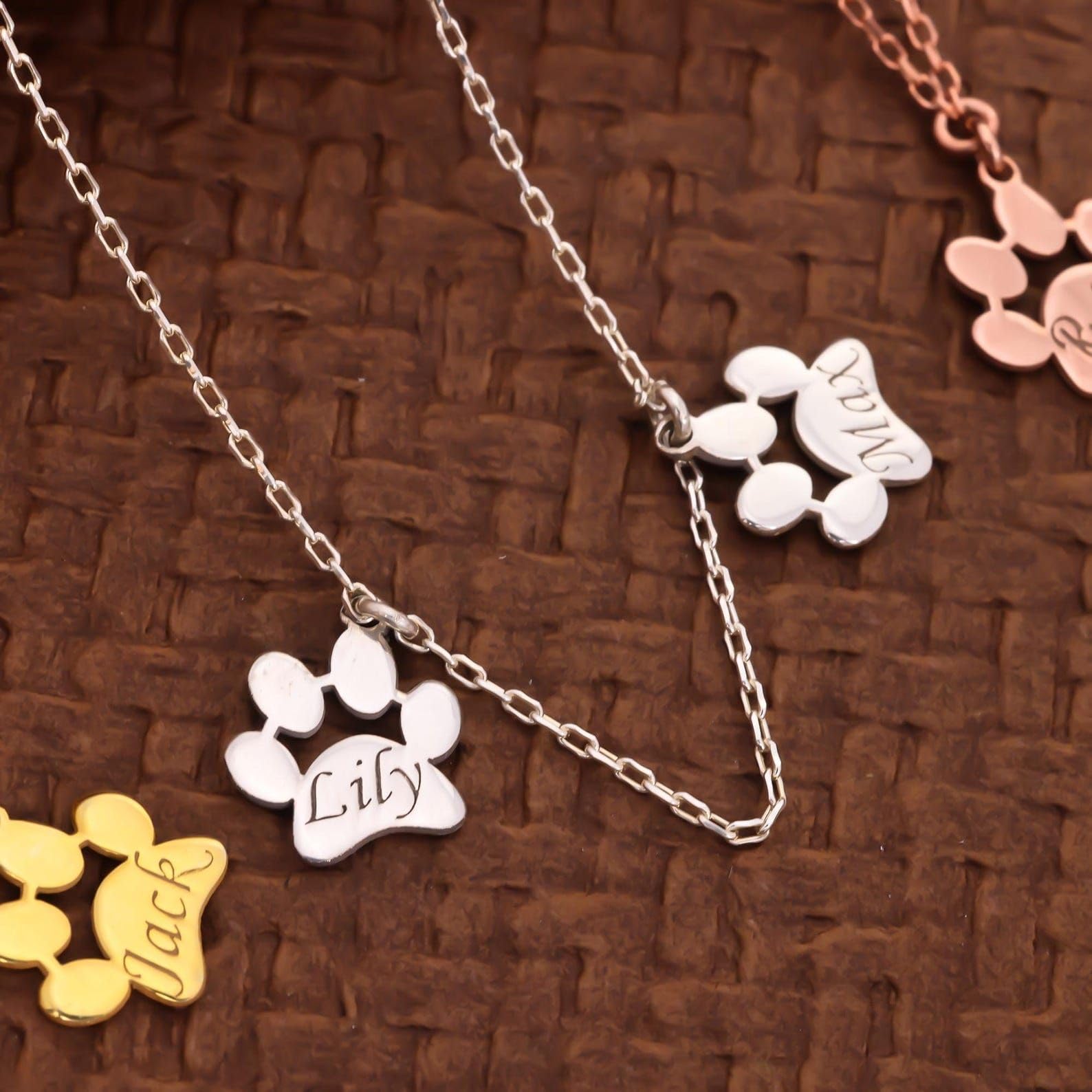Personalizado huella de pata collar, plata de ley pata nombre oro personalizado delicado perro mascota joya