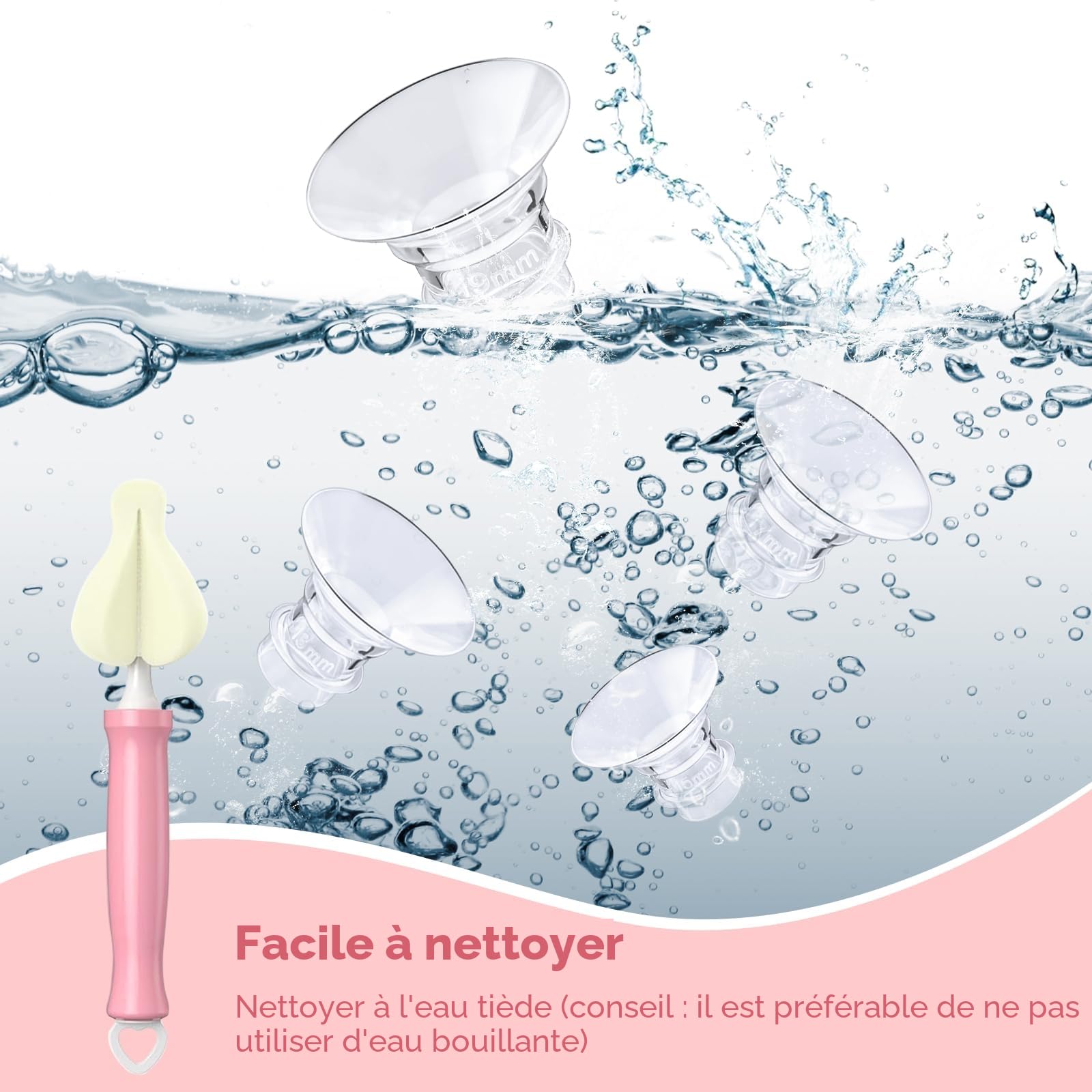 10 PCS Inserts de Bride 13/15/17/19/21mm, Accessoires D'allaitement Compatibles Avec la Plupart Des Pompes à Lait Électriques Et Manuelles, Avec Brosse De Nettoyage Et Carte De Mesure Pour Mamelons