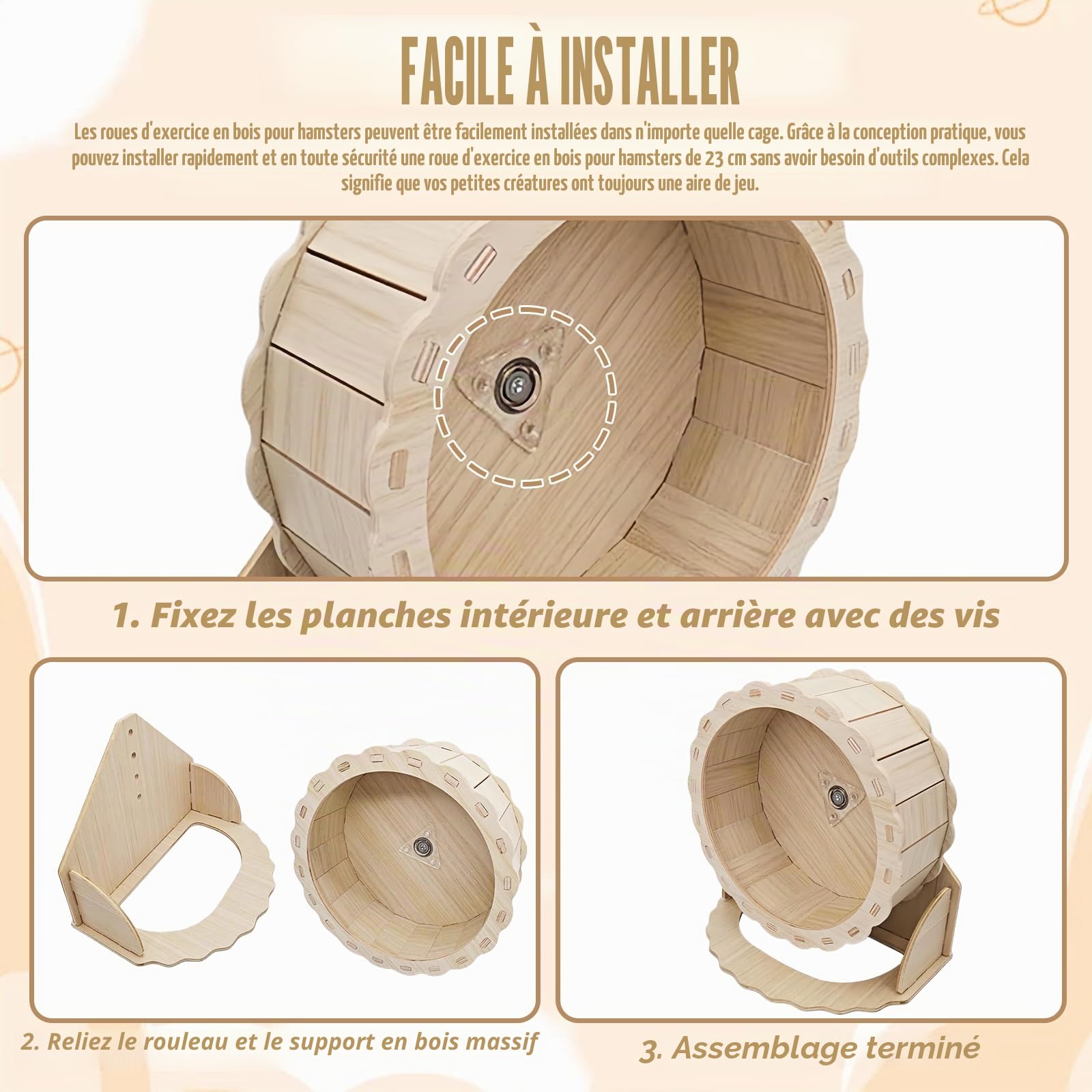 Roue d'Exercice en Bois 23 cm pour Hamster, Silencieux - Jouet pour Petits Animaux, Gerbilles, Souris et Hamsters Nains