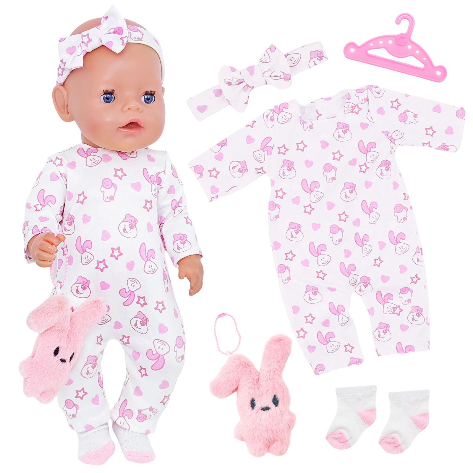 5 Pcs Baby Doll Clothes for 14-18 Inch Baby Dolls, Pink Bunny Doll Clothes with Rabbit Romper Pyjamas Bunny Doll Socks Headband Hanger for 35-45 cm New Doll, Sweet Doll Accessories Girls Birthday Gift