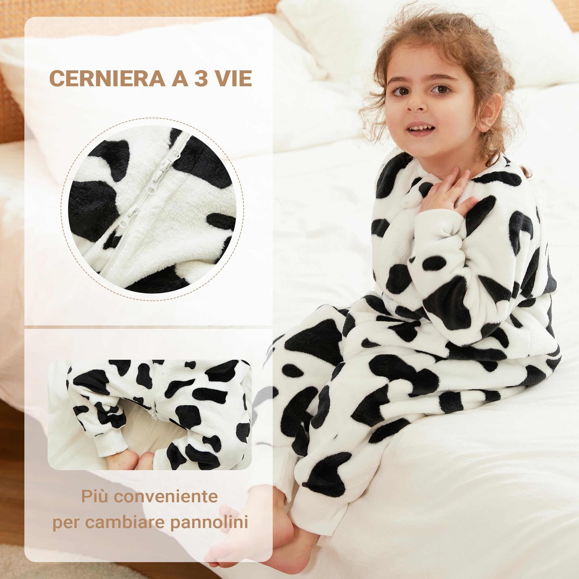 XQ&XG Sacco Nanna con piedini, Bambini Sacco Nanna con gambe 2.0 TOG, Flanella Sacco a pelo a maniche lunghe, Mucca, 120