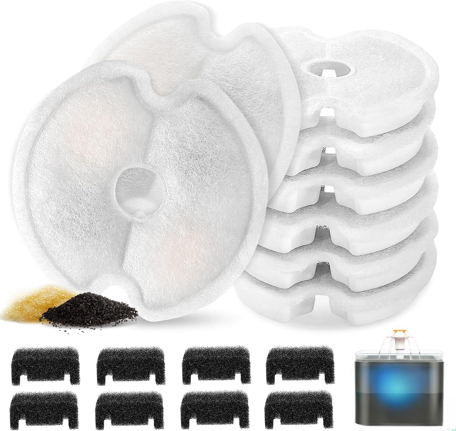 Cat Water Fountain Filters, VinDox Replacement Filter for 2L LED/2.5L Cat Water Dispenser,Cotton Activated Carbon Resine Triple Filtration(8 Filters + 8 Sponges)