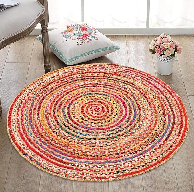 Aizza Trends Alfombra india hecha a mano de algodón trenzado con yute natural, alfombra de yute para comedor, sala de estar, alfombra de puerta redonda de 3 x 3 pies (90 cm x 90 cm)