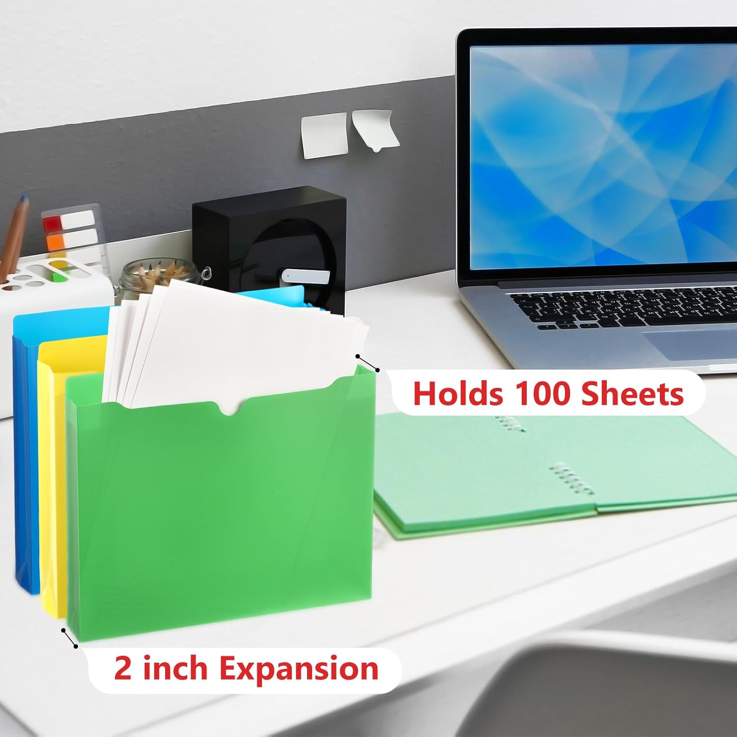 Dunzoom 50 Pack File Jackets Letter Size 2 Inch Assorted Expansion Manila Plastic File Folders Expandable Heavy Duty Reinforced Straight Cut Tab Expandable Document Jacket for Office