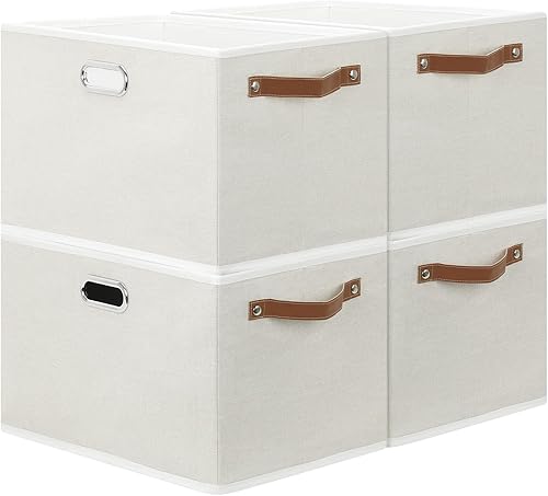 LOVSTORAGE Cajas de almacenamiento plegables, paquete de 4 contenedores de almacenamiento plegables de tela con asas dobles de cuero, 15.0 x 9.8 x