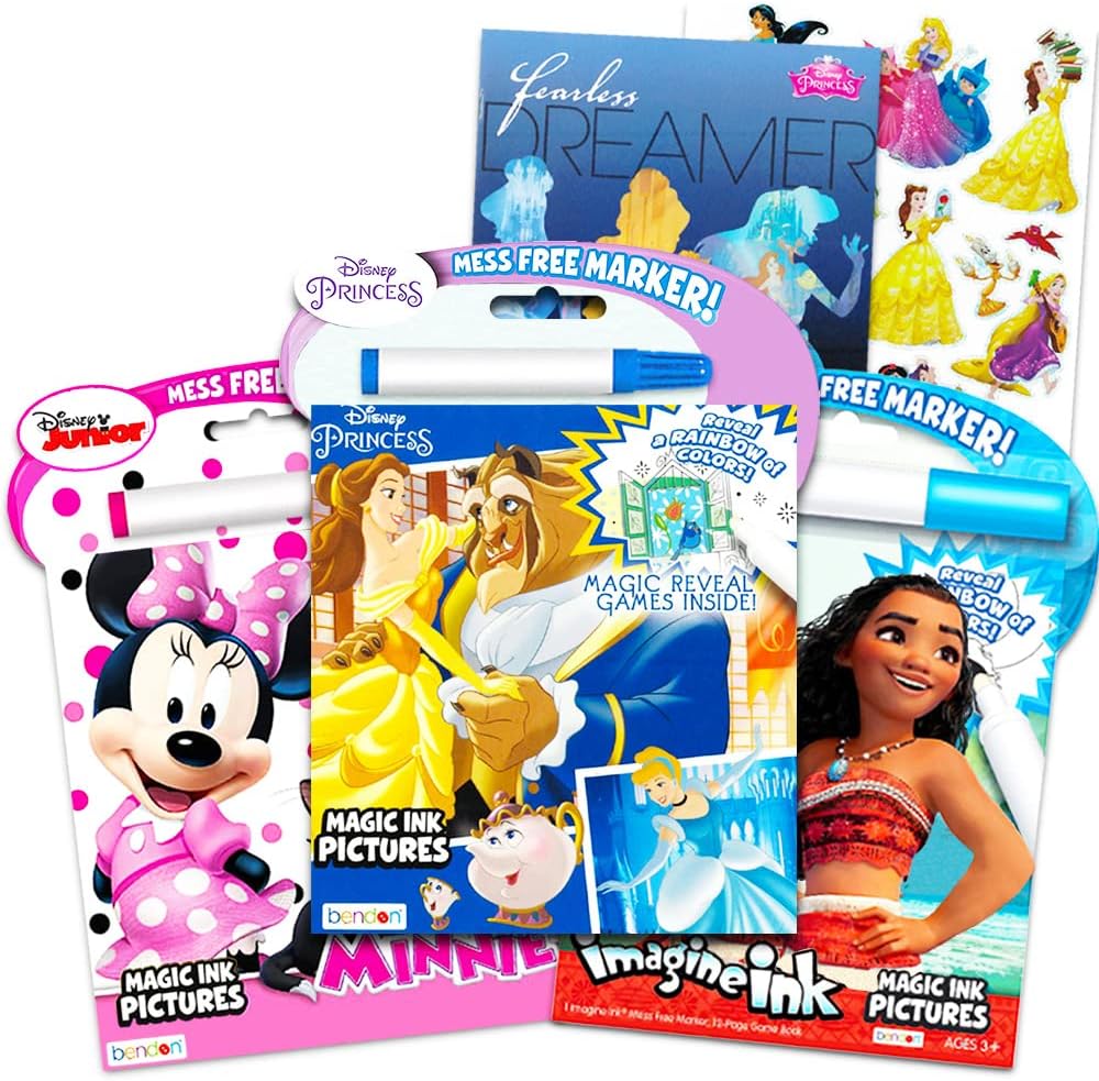 Disney Princess Magic Ink Coloring Book Set - Bundle of 3 Imagine Ink Books for Girls Kids Toddlers Featuring Disney Princess, Moana, and Minnie Mouse with Invisible Ink Pens and Stickers