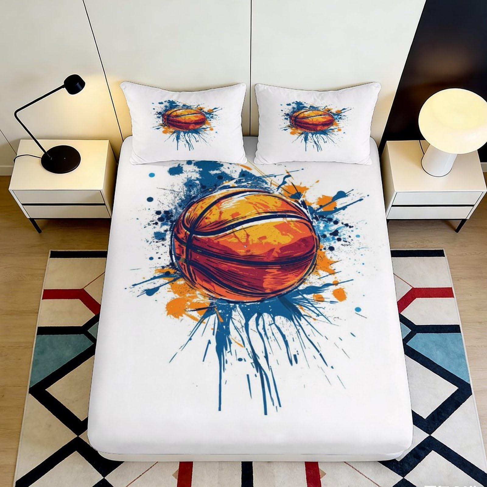 3D Printed Basketball Splash Fitted Sheet Microfiber Soft Breathable Graffiti Bed Cover for Bedroom Decor 120x200x25cm
