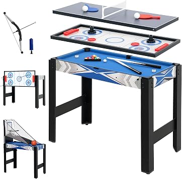 SPORTNOW 5-in-1 Multi Games Table, Mini Pool Table Tennis Hockey Table, Basketball Arcade Game, Archery, Blue