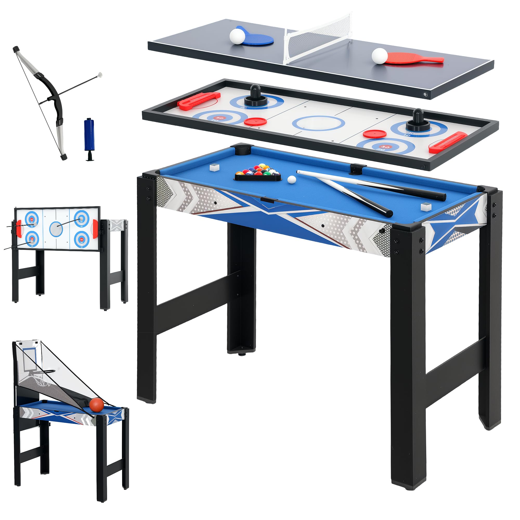 SPORTNOW 5-in-1 Multi Games Table, Mini Pool Table Tennis Hockey Table, Basketball Arcade Game, Archery, Blue